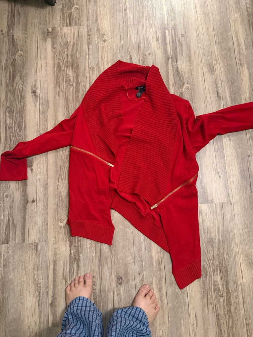 Red Open-Front Shawl Collar Sweater with Zip Accents